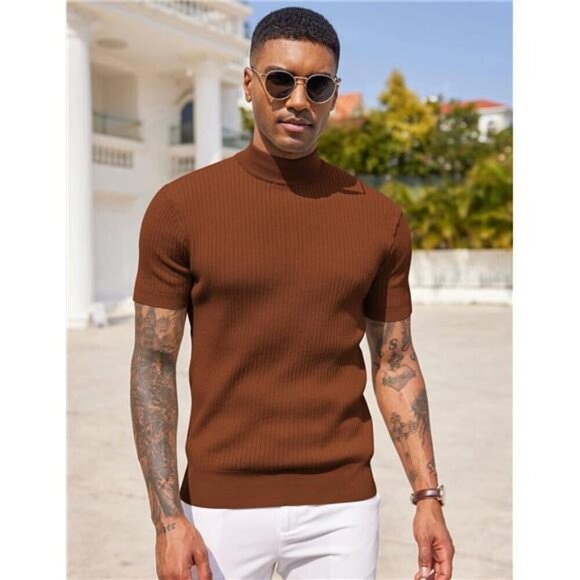 Men's Mock Turtleneck Sweater Short Sleeve Camel Brown - Picture 3 of 5
